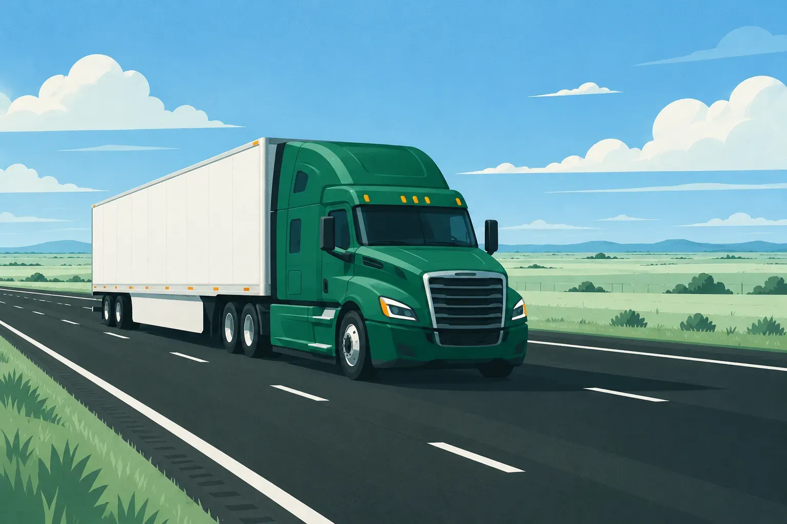 A tractor-trailer driving on an open interstate highway