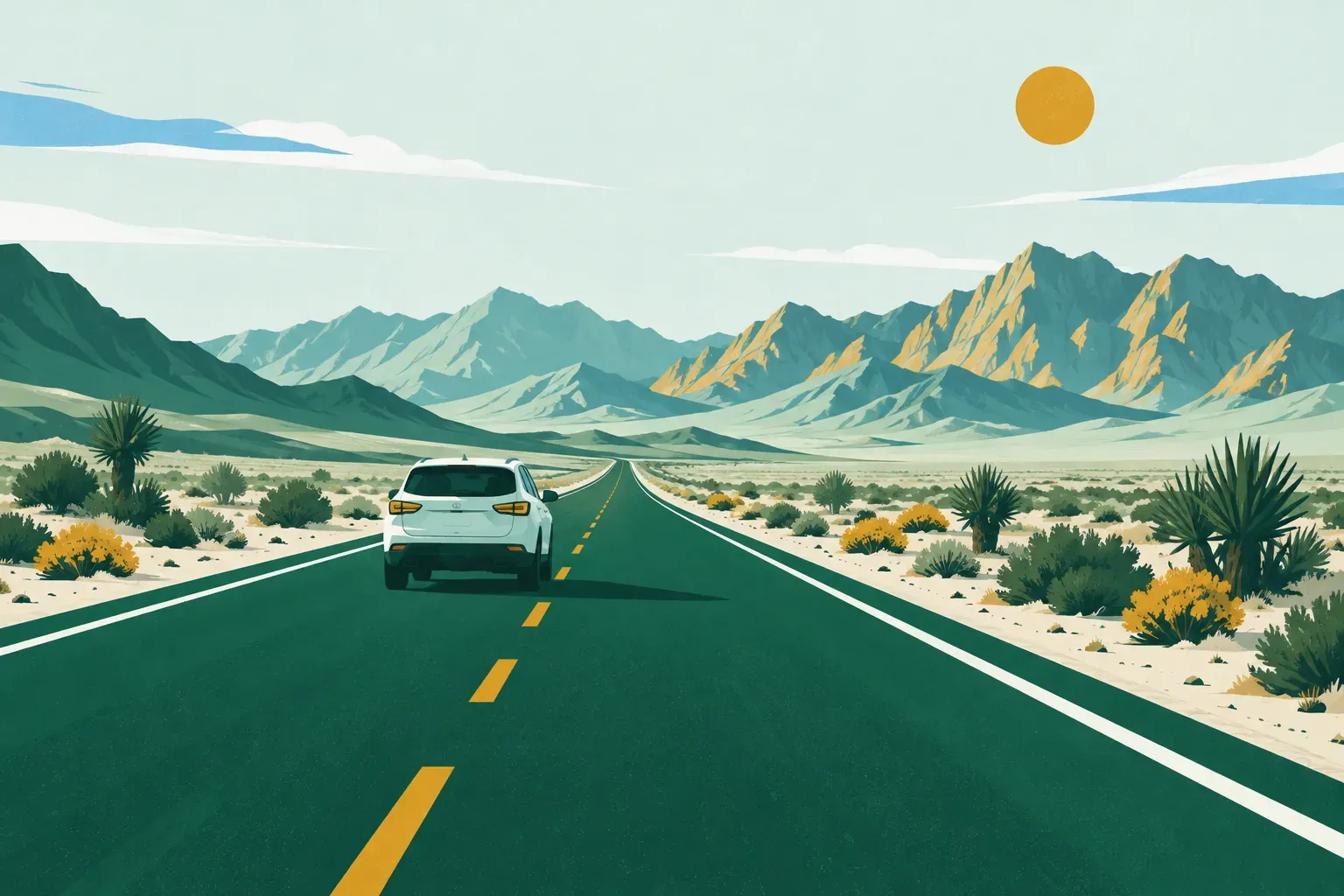 A desert highway toward distant mountains, a typical landscape of Nevada