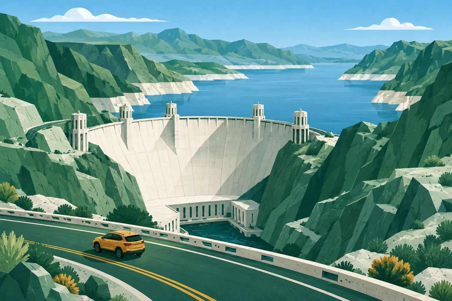The Hoover Dam curving between canyon walls above Lake Mead, in Nevada